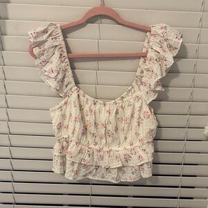 Altar'd State Floral Ruffle Crop Top in Cream and Pink